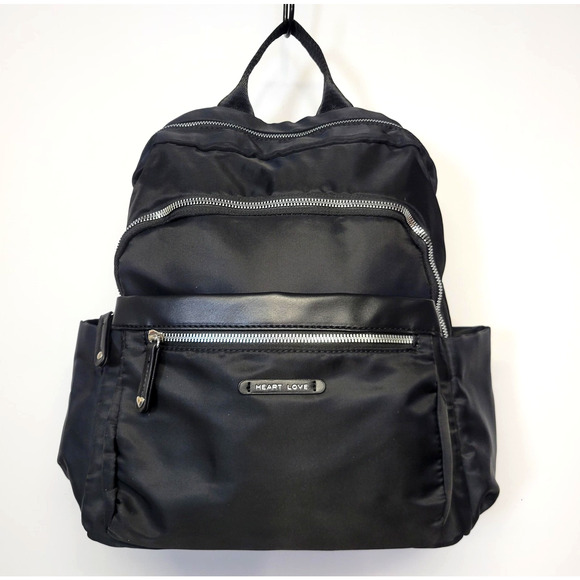 Heart Love Backpack Womens M Black Nylon Faux Leather Zip Organizer Pouch New main image 14